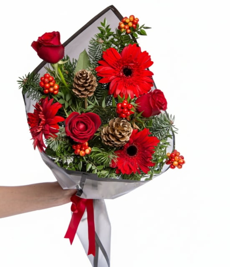 Kırmızı Gül & Kırmızı Gerbera ve Kokina Buketi